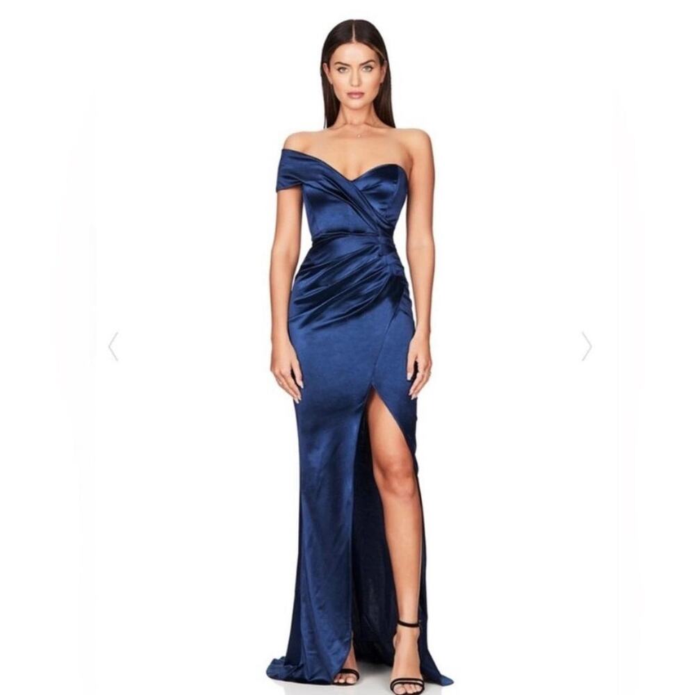 Nookie Zodiac Gown Navy One Shoulder Ruched Formal Maxi Dress Size XS NWT